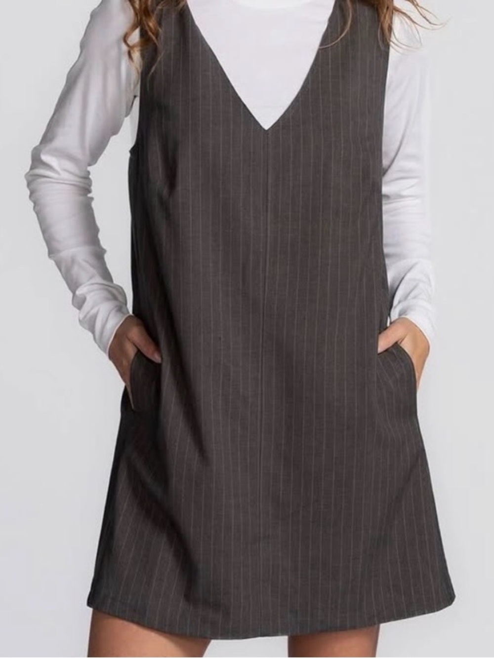 Frank & Oak Gray Pinstripe V-Neck Mini Dress